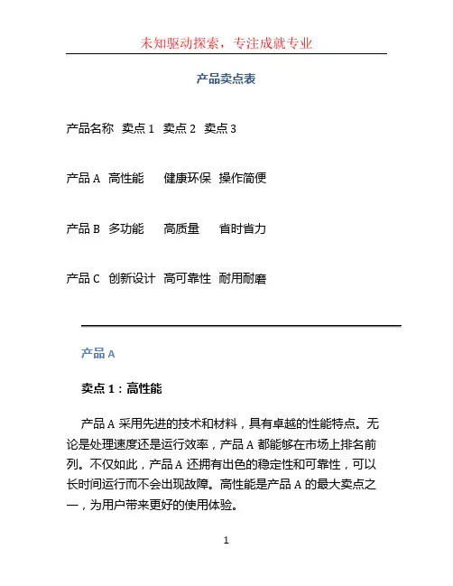 产品卖点表