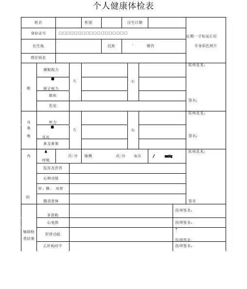 个人健康体检表