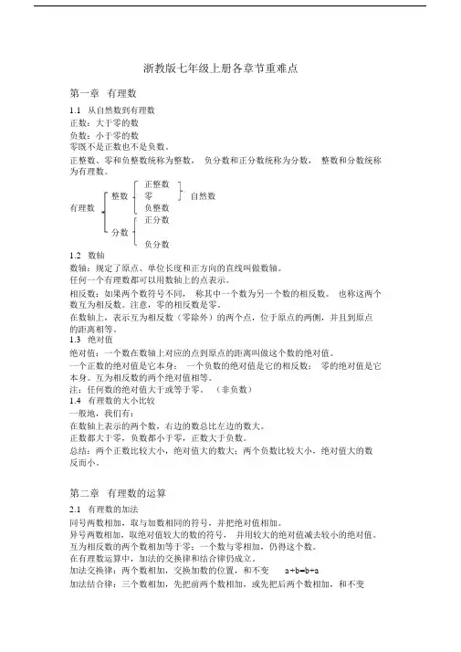 (完整版)最新版浙教版数学七年级上册各章节重难点.doc