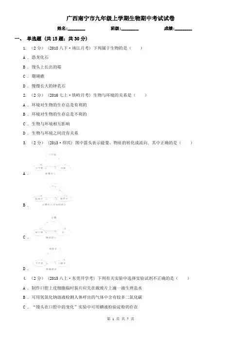 广西南宁市九年级上学期生物期中考试试卷