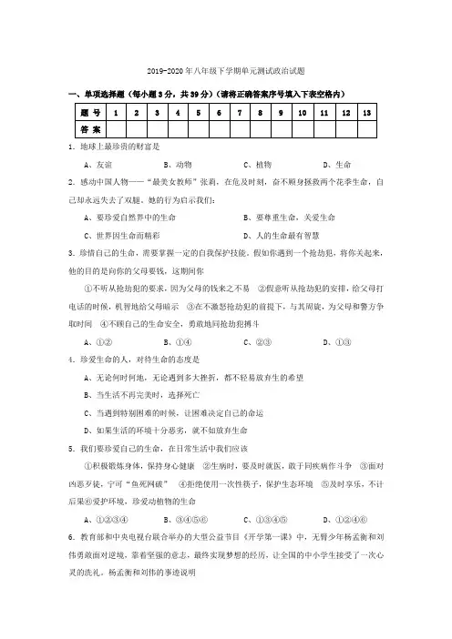 2019-2020年八年级下学期单元测试政治试题