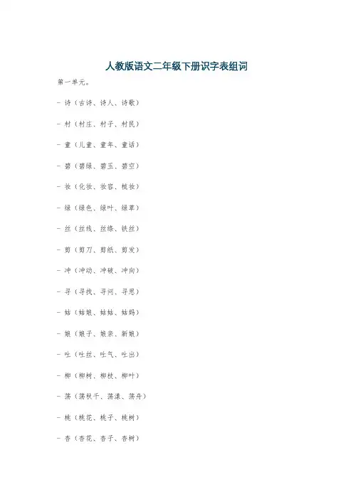 人教版语文二年级下册识字表组词