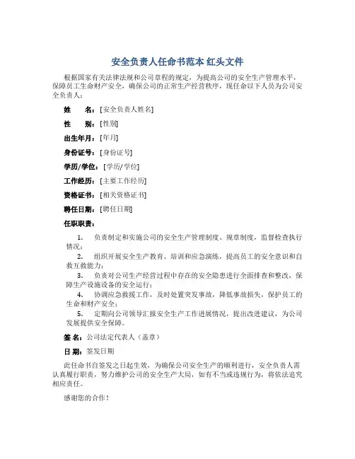 安全负责人任命书范本 红头文件