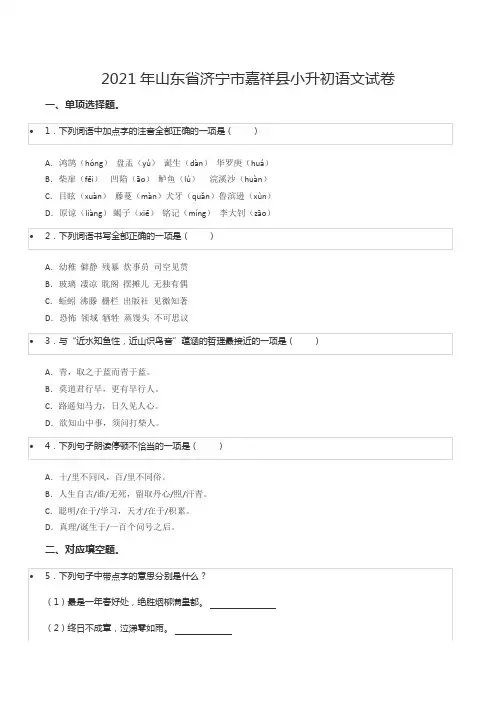 2021年山东省济宁市嘉祥县小升初语文试卷