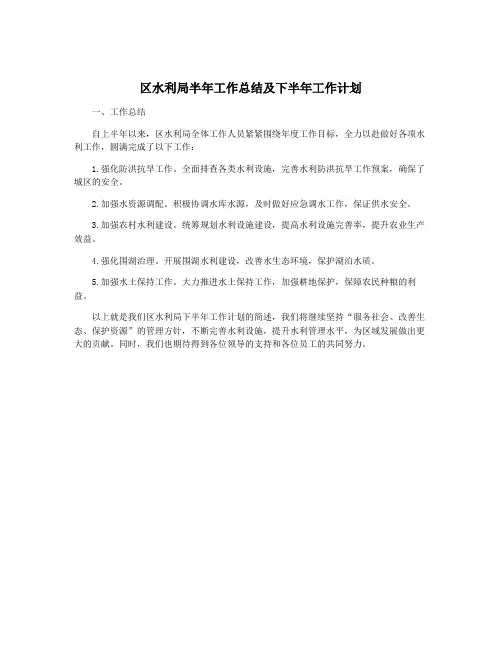 区水利局半年工作总结及下半年工作计划