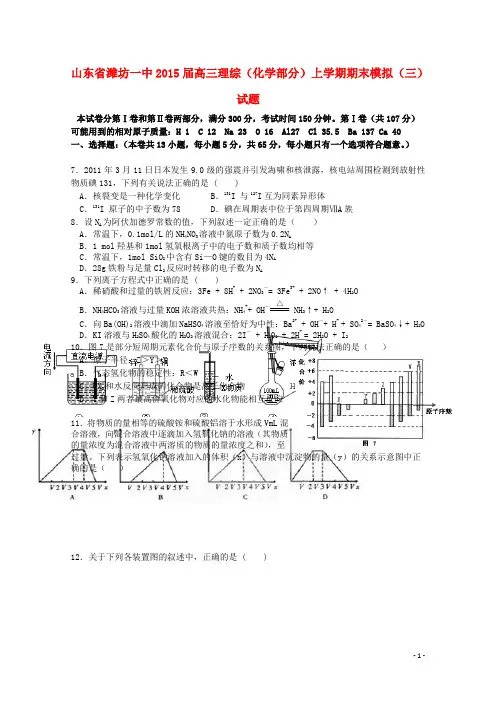 山东省潍坊一中高三理综(化学部分)上学期期末模拟(三)