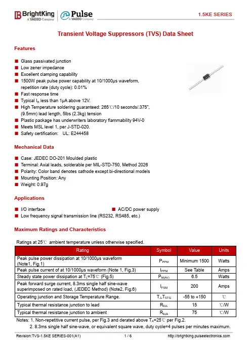 TVS-1.5KE系列瞬态电压抑制器数据手册说明书