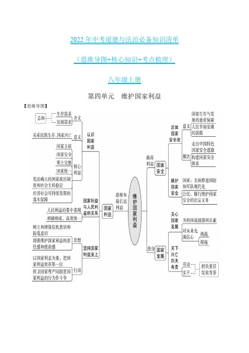 第四单元 维护国家利益-2022年中考道德与法治必备知识清单(思维导图+核心知 