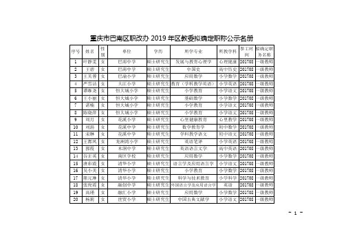 重庆市巴南区职改办2019年区教委拟确定职称公示名册
