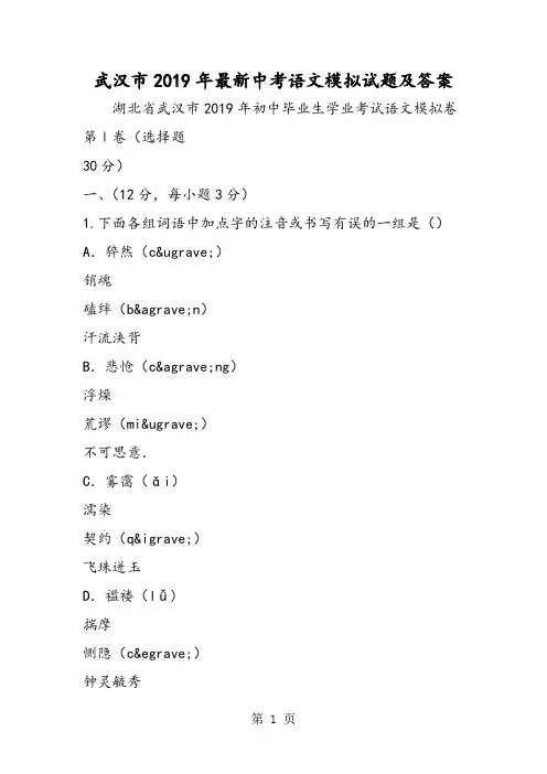 武汉市最新中考语文模拟试题及答案-word文档资料