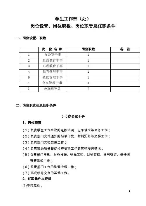 学工处岗位设置及职责要求