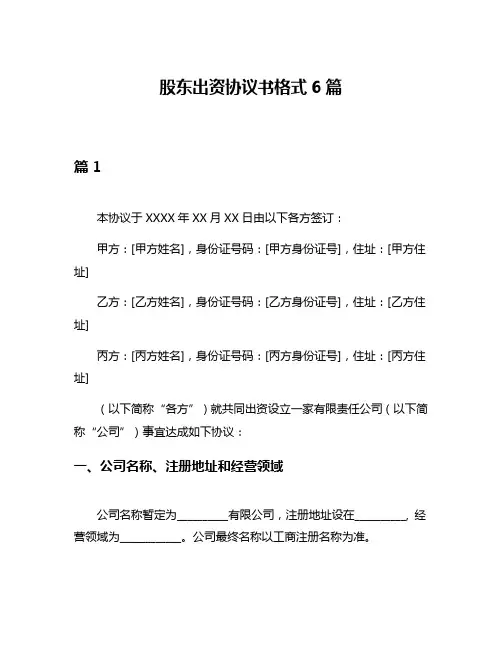 股东出资协议书格式6篇