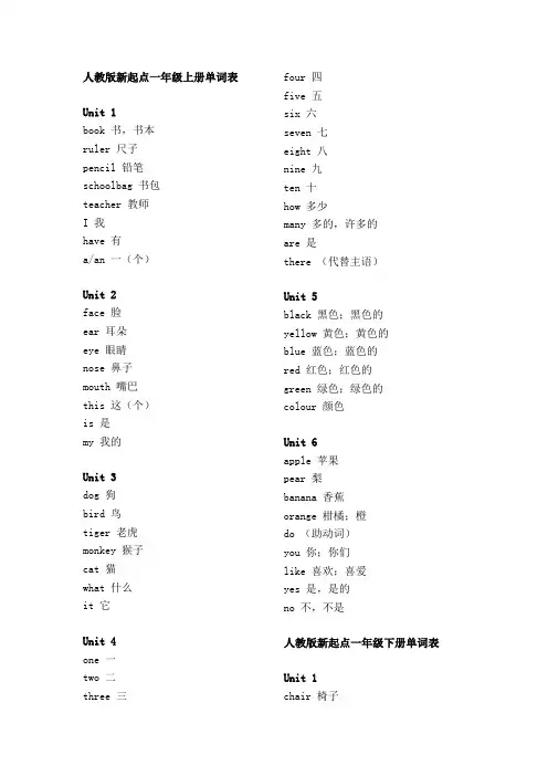 人教版新起点小学英语一起点1-6年级单词表汇总