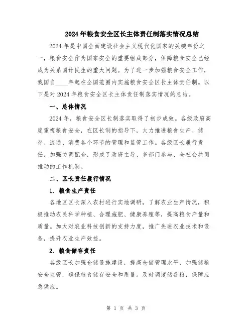 2024年粮食安全区长主体责任制落实情况总结
