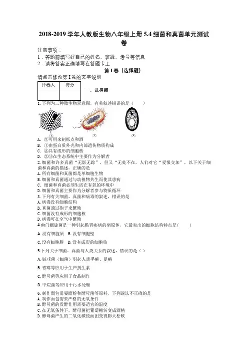 2018-2019学年人教版生物八年级上册5.4细菌和真菌单元测试卷及解析