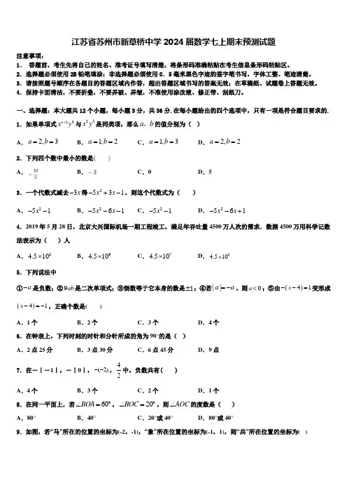 江苏省苏州市新草桥中学2024届数学七上期末预测试题含解析