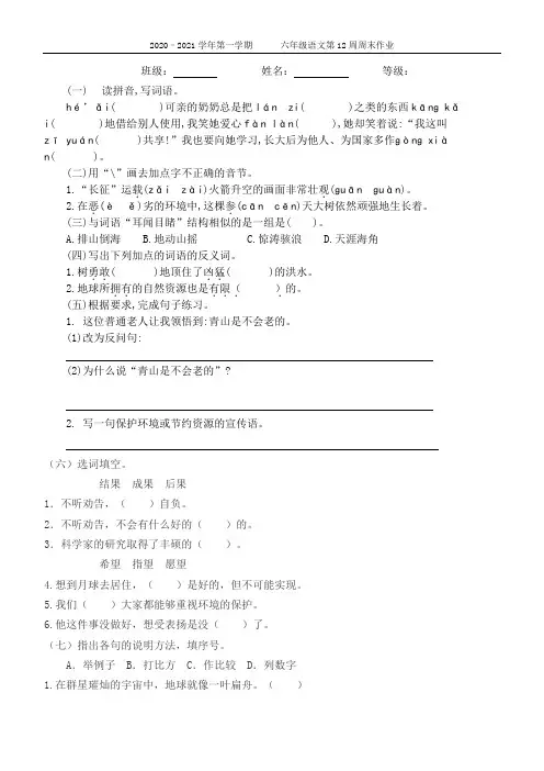 2020-2021年度六年级上册 第12周周末作业
