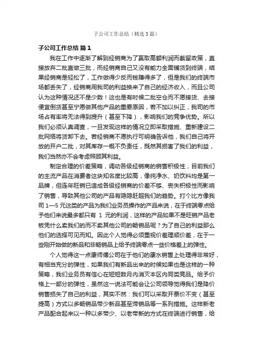 子公司工作总结（精选3篇）