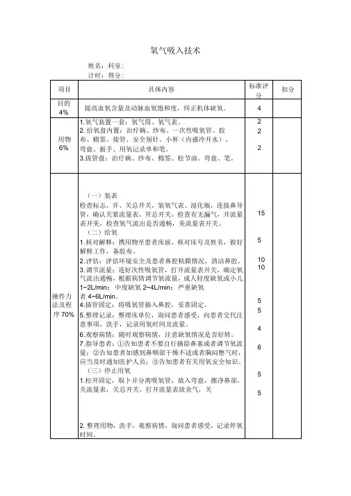氧气吸入技术的考核评分标准