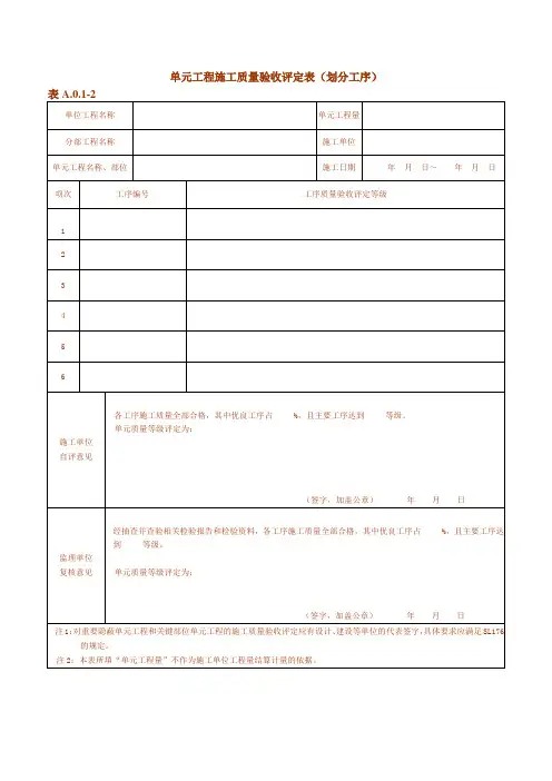 单元工程施工质量验收评定表