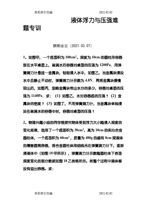 液体浮力与压强难题专训之欧阳家百创编