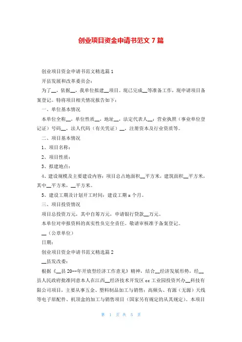 创业项目资金申请书范文7篇