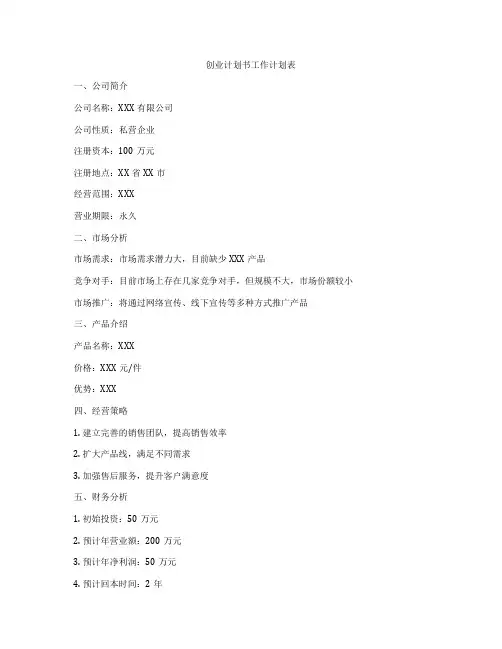创业计划书工作计划表