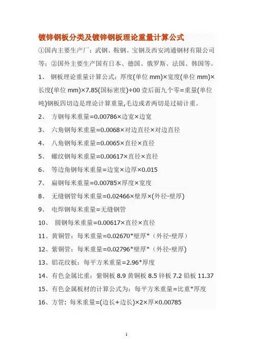镀锌钢板分类及镀锌钢板理论重量计算公式
