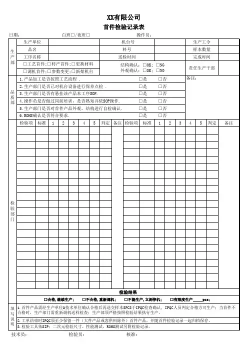 首件检验记录表