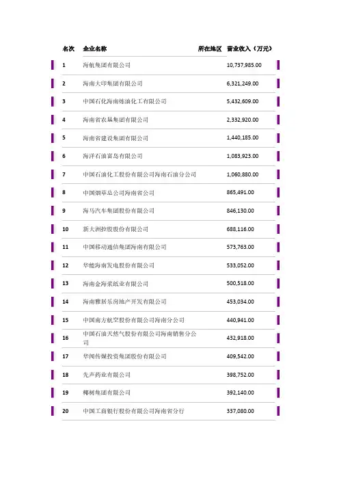 2013年海南省100强企业排名
