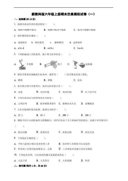 新教科版六年级上册期末仿真模拟试卷(含答案)
