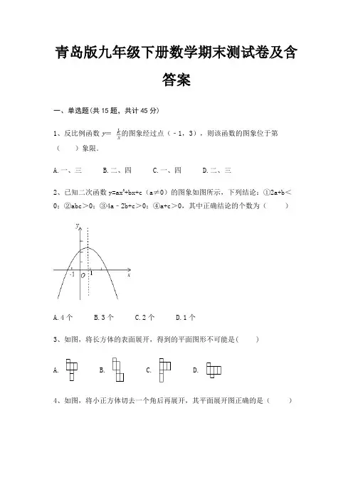 青岛版九年级下册数学期末测试卷及含答案(综合卷)(高分练习)