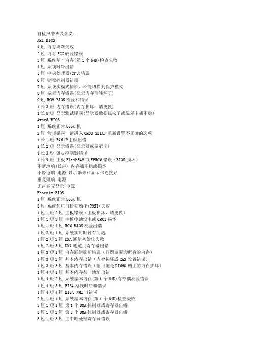 主板故障诊断卡 指示灯和声音功能速查表