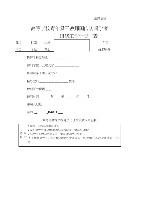 高等学校青年骨干教师国内访问学者研修工作计划表填写示例