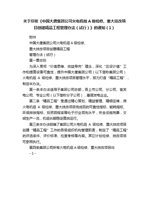 关于印发《中国大唐集团公司火电机组A级检修、重大技改项目创建精品工程管理办法（试行）》的通知（1）