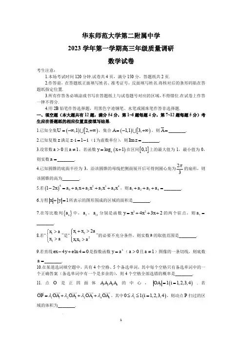 上海市华东师范大学第二附属中学2023-2024学年高三上学期质量调研数学试卷