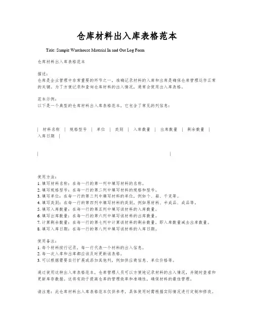 仓库材料出入库表格范本