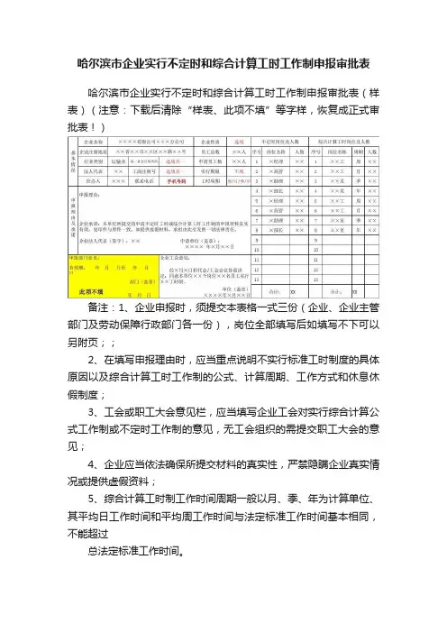 哈尔滨市企业实行不定时和综合计算工时工作制申报审批表
