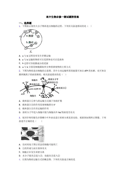 高中生物必修一测试题附答案