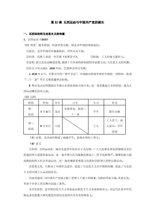 第21课《五四运动与中国共产党的诞生》知识点总结
