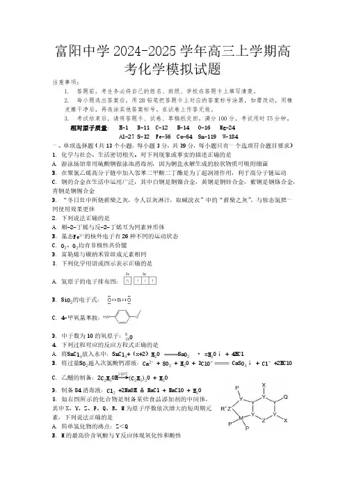 浙江省富阳中学2024-2025学年高三上学期高考化学模拟试题(含答案)