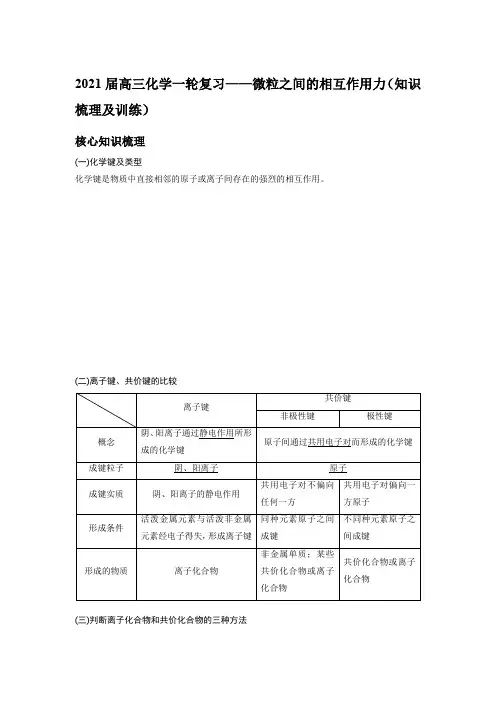 2021届高三化学一轮复习——微粒之间的相互作用力(知识梳理及训练)