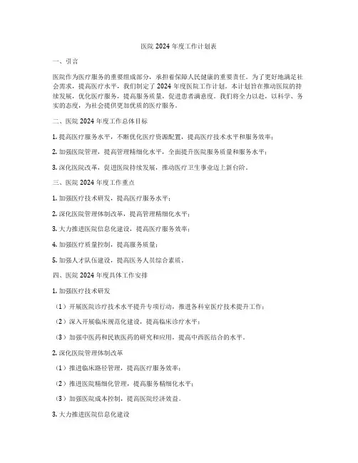 医院2024年度工作计划表