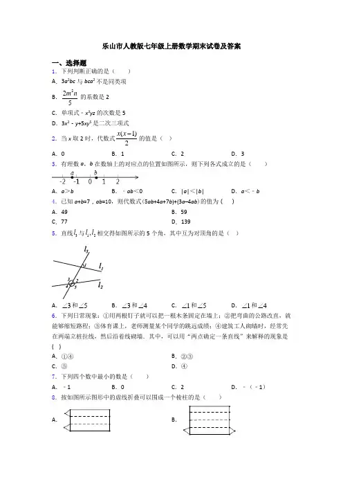 乐山市人教版七年级上册数学期末试卷及答案