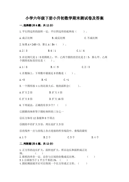 小学六年级下册小升初数学期末测试卷附参考答案(满分必刷)