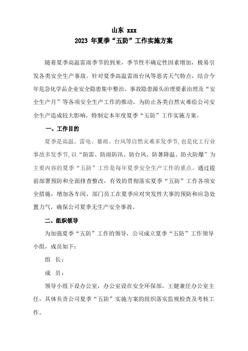2023年夏季五防工作实施方案