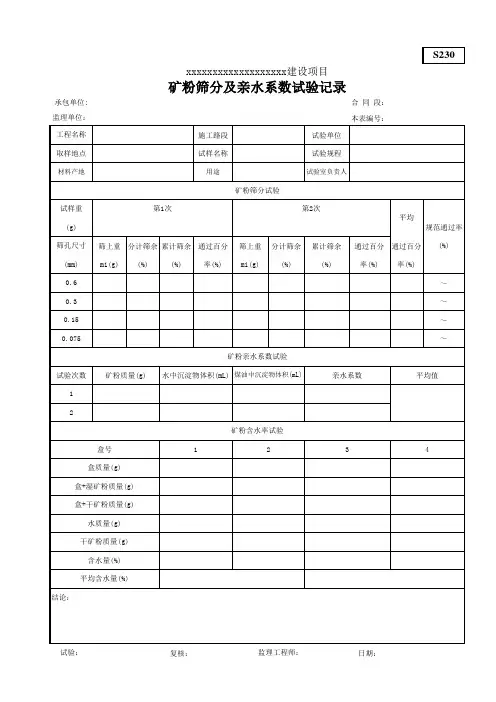 矿粉筛分及亲水系数试验记录