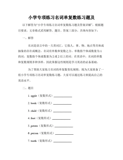 小学专项练习名词单复数练习题及