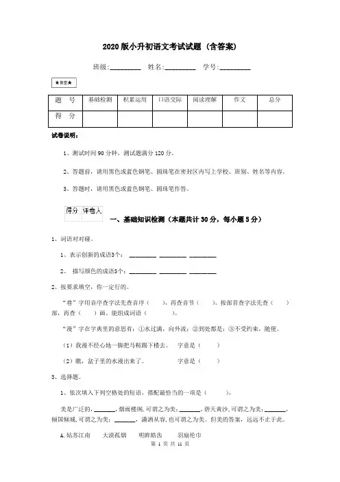 2020版小升初语文考试试题 (含答案)