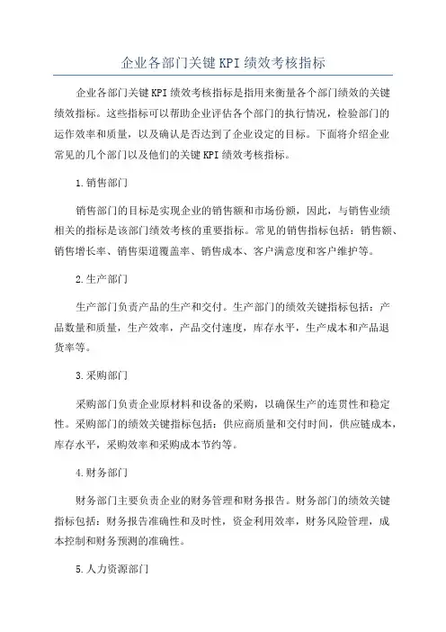 企业各部门关键KPI绩效考核指标
